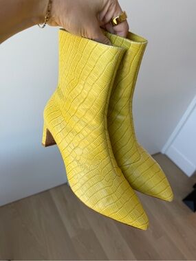 Charlotte Stone Rita Yellow Croc-Embossed Pointed Toe Ankle Booties